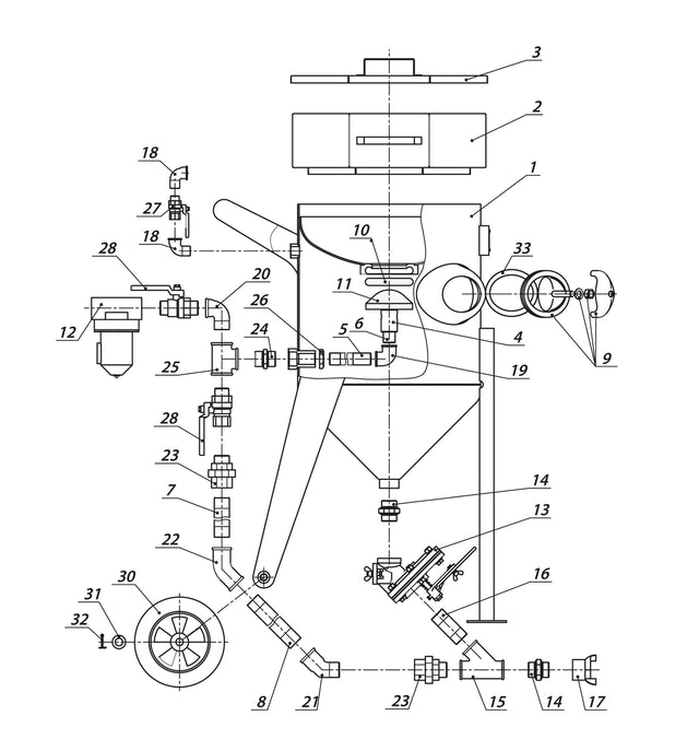 Schematische illustratie van de Contracor BlastRazor Z-100 / Z-200 met genummerde onderdelen voor duidelijke identificatie.