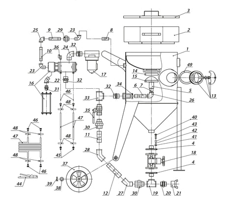 Schematische illustratie van de Contracor BlastRazor Z-100RCS / Z-200RCS met genummerde onderdelen voor duidelijke identificatie.