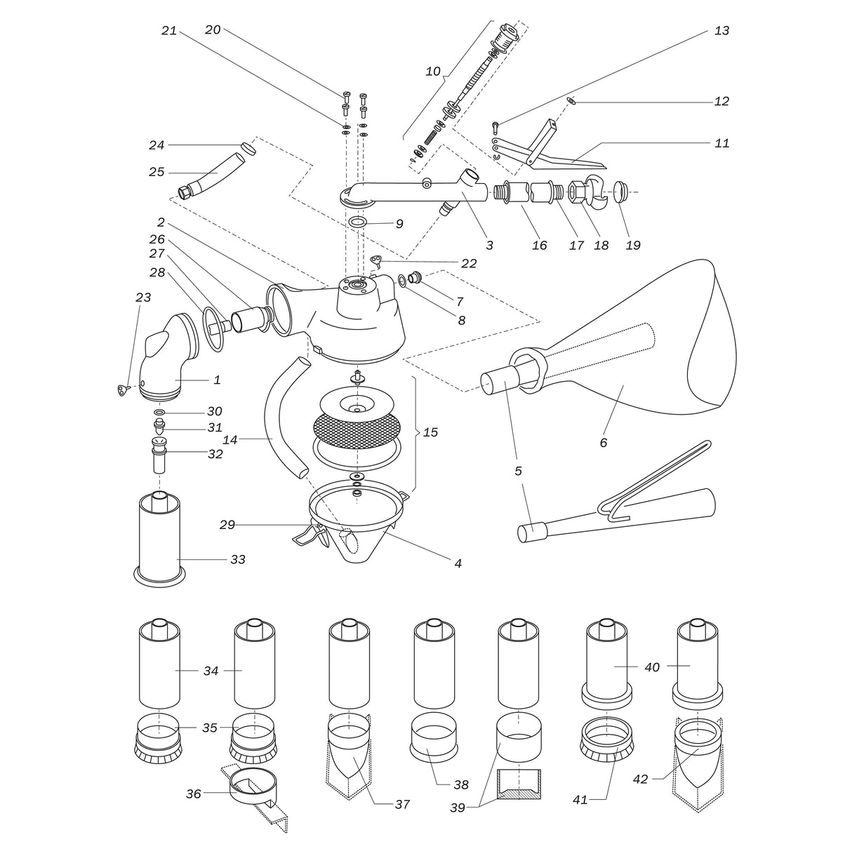 Schematic illustration of the Contracor Educt-O-Matic Blasting Tool with numbered parts for clear identification.